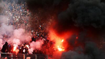 Fans set off flares during the Bundesliga match between Hamburger SV and Borussia Moenchengladbach at Volksparkstadion in Hamburg, Germany, on May 12, 2018. Lars Baron / Bongarts / Getty Images