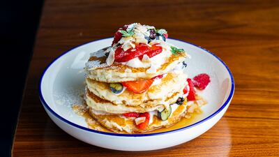 Coconut almond pancakes at LDC Kitchen, which runs a weekend brunch for Dh69. Photo: LDC Kitchen