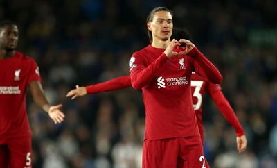 Darwin Nunez celebrates after scoring Liverpool's sixth goal at Leeds. EPA