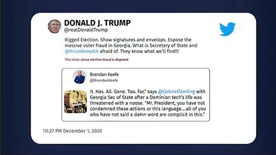 A tweet by former president Donald Trump makes a claim of voter fraud in Georgia. House select committee / AP