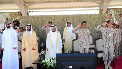 Sheikh Sultan bin Zayed, the President’s Representative, attends the graduation ceremony at the Zayed II Military College in Al Ain. Sheikh Tahnoun bin Mohammed, Abu Dhabi Ruler`s Representative in the Eastern Region; Sheikh Omar bin Zayed, Deputy Chairman of the Board of Trustees of Zayed bin Sultan Al Nahyan Charitable and Humanitarian Foundation; Mohammed Al Bowardi, Minister of State for Defence Affairs; Lt Gen Hamad Mohammed Thani Al Rumaithi, Chief of Staff of the Armed Forces; Maj Gen Pilot Sheikh Ahmad bin Tahnoun bin Mohammad, Chairman of the National and Reserve Service Authority; Dr Khalid bin Sultan bin Zayed, Deputy Chairman of Sultan bin Zayed Culture and Media Centre, and a number of other Sheikhs and senior officers, attended the event.