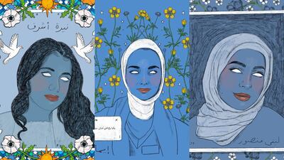 Nourie Flayhan's illustrated tributes to Nayera Ashraf, Iman Rashid and Lubna Mansour, who were killed in June 2022. Photo: Nourie Flayhan / Instagram