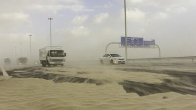 High winds drive sand across Sheikh Khalifa Bin Zayed Highway on Yas Island in Abu Dhabi on February 3, 2017. Winds were reported to have reached 75kph according to the National Centre of Meteorology & Seismology. Christopher Pike / The National