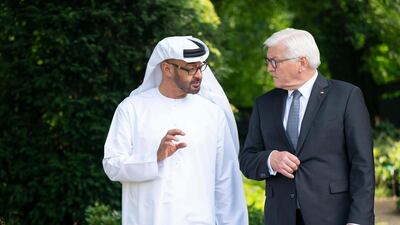 Sheikh Mohamed bin Zayed speaks with Mr Steinmeier prior a meeting at Bellevue Palace. Ministry of Presidential Affairs