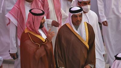 Crown Prince Mohammed bin Salman with Sheikh Mansour bin Zayed, UAE Vice President, at Expo 2020 Dubai in December 2021. AFP
