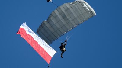 A paratrooper of the Polish special forces unit Grom parachutes. Reuters