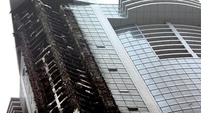 Damage to the residential Torch Tower in Dubai Marina after the fire was extinguished. Courtesy Warren Little / Getty Images