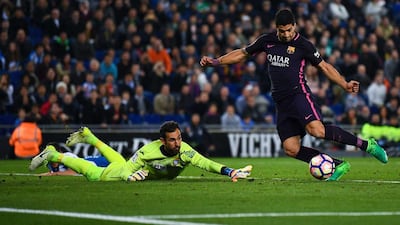 Luis Suarez of Barcelona scores his team’s third goal past Diego Lopez of Espanyol at the RCDE Stadium on April 29, 2017 in Barcelona, Spain. Barcelona won the match 3-0. David Ramos / Getty Images