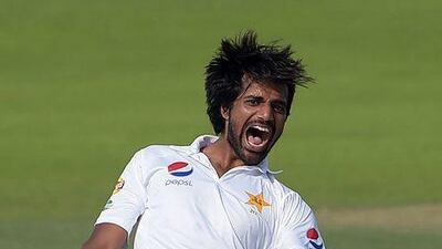 Pakistan bowler Rahat Ali celebrates after taking the wicket of West Indies' Leon Johnson on Day 2 of the second Test in Abu Dhabi on Saturday. Aamir Qureshi / AFP / October 22, 2016