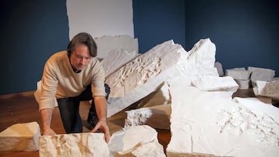 The pieces of the installation are cast by Piers in industrial floor paint and the broken stone texture is transferred from moulds which Piers made from the ISIS smashed sculptures in the Mosul Museum. Courtesy Ashmolean, University of Oxford