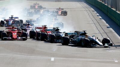 Lewis Hamilton leads at the start of the Azerbaijan Grand Prix. (AP Photo/Darko Bandic)