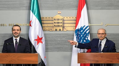Syria's Foreign Minister Asaad Al Shibani and Lebanon's Prime Minister Nawaf Salam during a joint press conference in Beirut. Reuters