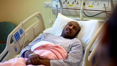 Amro Abbas, a 42-year-old Egyptian who was among the dozens injured in Saturday's pile up, recovers in Al Rahba Hospital yesterday.