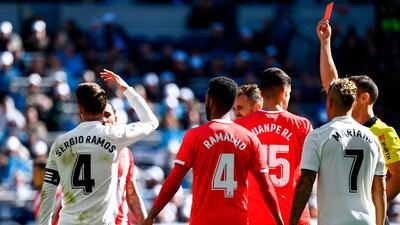 Sergio Ramos, left, is sent off during Real Madrid's loss to Girona. AFP
