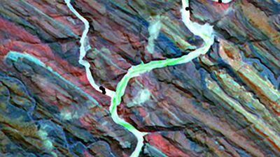 What begin with Y? A youngish underground river yearning for water in northern Namibia. Yellowstone, the Yukon delta, and the Yellow Sea. On December 25, 2000, by the Advanced Spaceborne Thermal Emission and Reflection Radiometer on NASA’s Terra satellite captured this false-colour image of the Ugab River in Namibia. Courtesy NASA