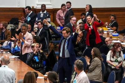 Conservative candidate Philip Stephenson-Oliver celebrates his win in the Westminster City Council election. PA