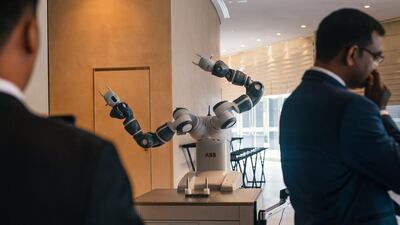 YuMi, a dual armed robot created by the Swedish-Swiss ABB Robotics, was demonstrated at the Armani Hotel in Downtown Dubai. The robot is designed to look and function in a similar way to a human, and is primarily designed for use in small parts assembly. At the demonstration, the robot was programmed to hand out invitations to viewers and perform a dance routine. Alex Atack for The National.