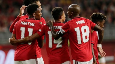 United players celebrate after Anthony Martial's goal. Getty
