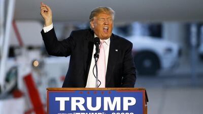 Republican presidential candidate Donald Trump addresses a rally in a at Youngstown-Warren Regional Airport in Vienna, Ohio. Gene Puskar / AP Photo