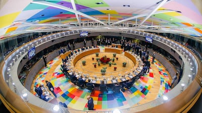 Brussels shows a general view of the room of the European Council in Brussels during the second day of a European Summit aimed at discussing the Brexit deal. AFP