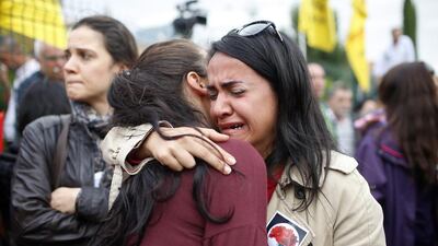 Mourners cry during the funeral of Uygar Coskun, 32, who was killed in Saturday's bombing attacks. Authorities investigating the twin suicide bombings at a rally promoting peace with the Kurdish were focusing on ISIL. Emrah Gurel/AP Photo