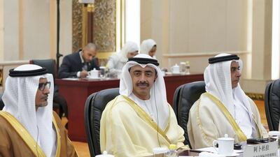 Sheikh Abdullah bin Zayed, UAE Minister of Foreign Affairs and International Cooperation, centre, and Sheikh Saif bin Zayed, UAE Deputy Prime Minister and Minister of Interior, right. Seen with Ali Al Shamsi, Deputy Secretary-General of the UAE Supreme National Security Council. Ministry of Presidential Affairs