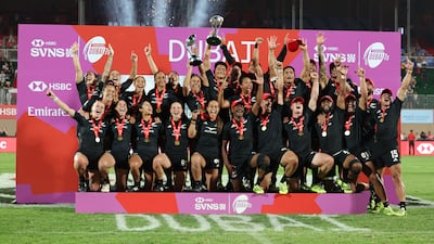 New Zealand men's and women's teams celebrate their double World Series victory at the Emirates Dubai Sevens 2025. All images: Chris Whiteoak / The National