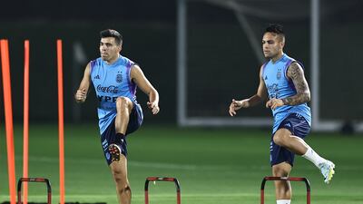 Argentina's Marcos Acuna and Lautaro Martinez train ahead of the World Cup in Qatar. Getty