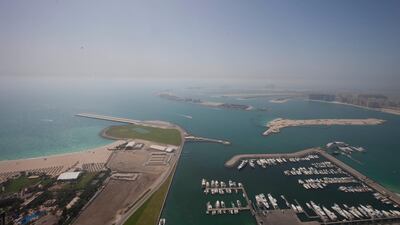 The Palm Jumeirah view from the 72nd floor penthouse apartment . Razan Alzayani / The National