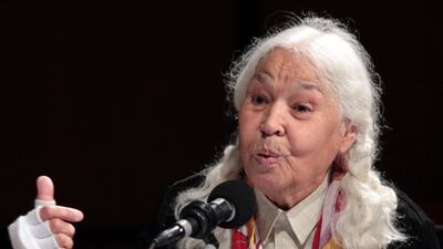 Egyptian feminist writer Nawal El Saadawi speaks during a radio show in Paris. Like many Arab writers, El Saadawi has found that her works have been translated into English without sufficient context, altering their meaning. Marina Helli / AFP Photo