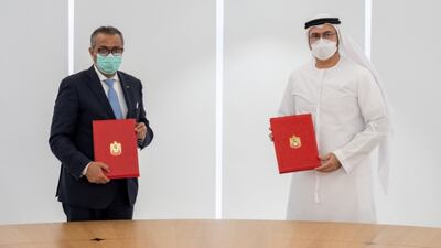 An agreement was signed by Mohammed Al Gergawi, Minister of Cabinet Affairs (right), and Dr Tedros Adhanom Ghebreyesus, director general of the World Health Organisation, to advance global health care. Photo: Wam