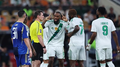 Ivan Toney of Al Ahli speaks with referee Ilgiz Tantashev during the AFC Champions League Elite Final match against Machida Zelvia. Getty Images