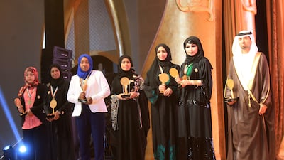 Winners of Sheikha Fatima bint Mubarak Award for Women's Athletes and other categories line up at the Emirates Palace Hotel in Abu Dhabi. Ravindranath K / The National