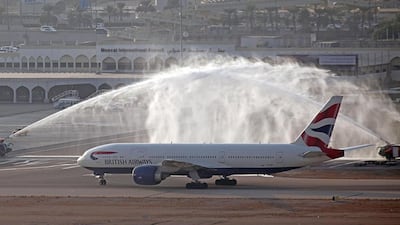 A water canon salute welcomes BA's 777 on its first direct flight from the UK capital to Muscat this morning. Courtesy Action