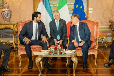 Abdullah bin Touq, the UAE’s Minister of Economy, left, is leading a 50-member delegation to Italy. Photo: Wam