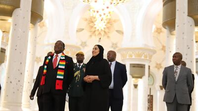 President Emmerson Mnangagwa of Zimbabwe visits Sheikh Zayed Grand Mosque in Abu Dhabi on Sunday. Wam