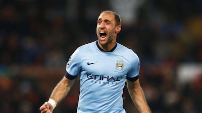 Pablo Zabaleta of Manchester City celebrates scoring City's second goal against AS Roma on Wednesday night in their 2-0 Champions League victory. Julian Finney / Getty Images