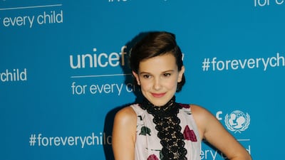 Millie Bobby Brown, wearing a floral Kate Spade dress, attends the 70th Unicef Anniversary at the United Nations Headquarters in New York on December 12, 2016. EPA