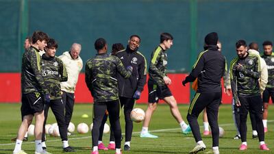 Manchester United's Anthony Martial and teammates train on Wednesday. PA
