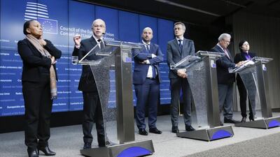 From left, French justice minister Christiane Taubira, interior minister Bernard Cazeneuve, Luxembourg's vice prime minister Etienne Schneider, justice minister Felix Braz, EU commissioners Dimitris Avramopoulos and Vera Jourava give a press conference at the end of an extraordinary Justice and Home Affairs Council following the Paris attacks, in Brussels. Olivier Hoslet / EPA