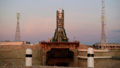 The Soyuz MS-15 spacecraft in the early morning hours ahead of launch on September 25, 2019. Bill Ingalls / Nasa / AFP