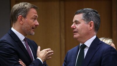 Germany's Finance Minister Christian Lindner, left, and his Irish counterpart Paschal Donohoe during a Eurogroup meeting in Brussels, Belgium. Bloomberg