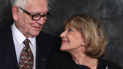 French actress Jeanne Moreau with Pierre Cardin in February 2008, at the Etoiles d'Or du Cinema awards in Paris. AFP