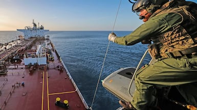 UK Commandos prepare to board the Smyrtos shadow tanker as it sails in the Channel. AFP