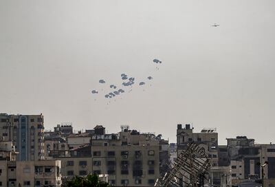 A UAE Air Force plane drops humanitarian aid over the northern Gaza Strip on Wednesday. EPA