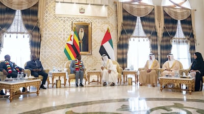 Sheikh Mohamed bin Zayed, Crown Prince of Abu Dhabi Deputy Supreme Commander of the UAE Armed Forces, hosts Emmerson Mnangagwa, President of Zimbabwe, and delegates from Zimbabwe at the Presidential Airport. Other UAE leaders present are Reem Al Hashimi, Minister of State for International Co-operation, Obaid Al Tayer, Minister of State for Financial Affairs and Ahmed Al Zaabi, Deputy Minister of Presidential Affairs. Ryan Carter for the Ministry of Presidential Affairs