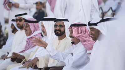 From right: Sheikh Mohammed bin Zayed, King Salman, Sheikh Mohammed bin Rashid and other dignitaries attend the Sheikh Zayed Heritage Festival. Mohamed Al Suwaidi / Crown Prince Court - Abu Dhabi