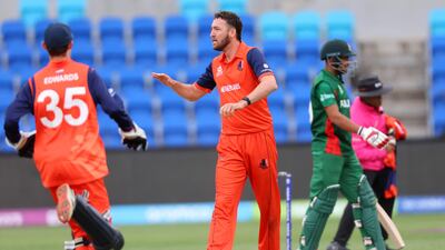 Netherlands' Paul van Meekeren celebrates the wicket of Bangladesh's Soumya Sarkar. AFP