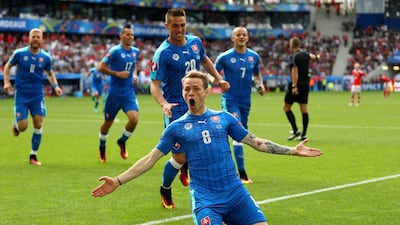 Ondrej Duda of Slovakia celebrates scoring his team’s first goal during the Uefa Euro 2016 Group B match between Wales and Slovakia at Stade Matmut Atlantique on June 11, 2016 in Bordeaux, France. (Ian Walton/Getty Images)