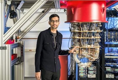 Sundar Pichai, seen with one of Google's quantum computers in California last year, recently announced Google's investment in India. AFP